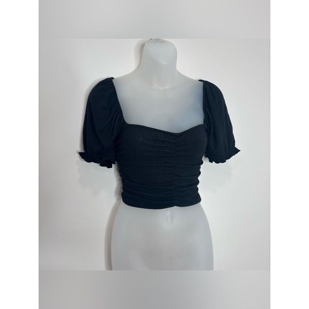 Urban Outfitters Black Puff-Sleeve Ruched Square-Neck Crop Top medium whimsygoth